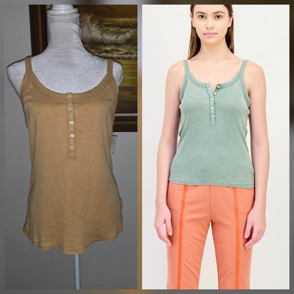 Aerie Mustard Yellow Henley Ribbed Scoopneck Tank Top